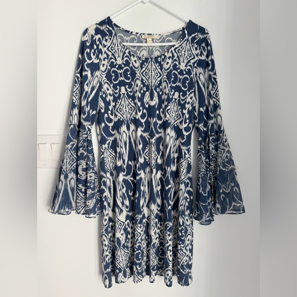 Prelude Blue Artsy Knee Length Dress With Flare Sleeves Women's‎ M 70s 60s